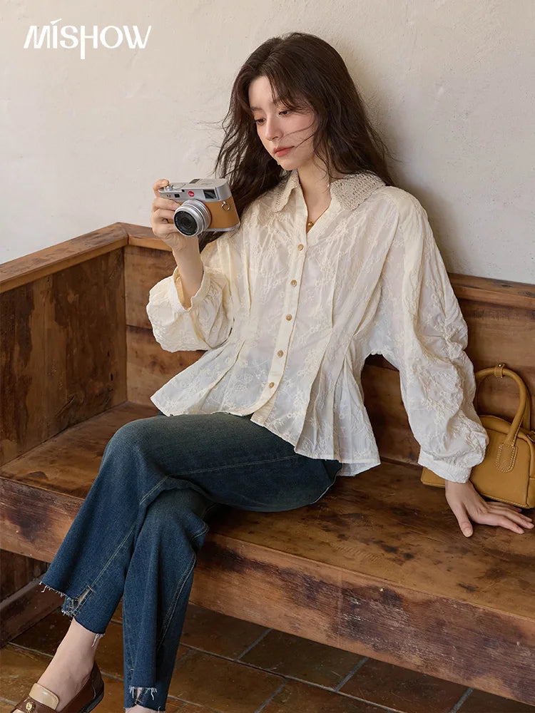 MISHOW Women's Lantern Sleeve Blouse 2025 Autumn French Lace Hollow Out Lapel Collar Shirts Waist Hem Ruffle Tops MXE42C2372