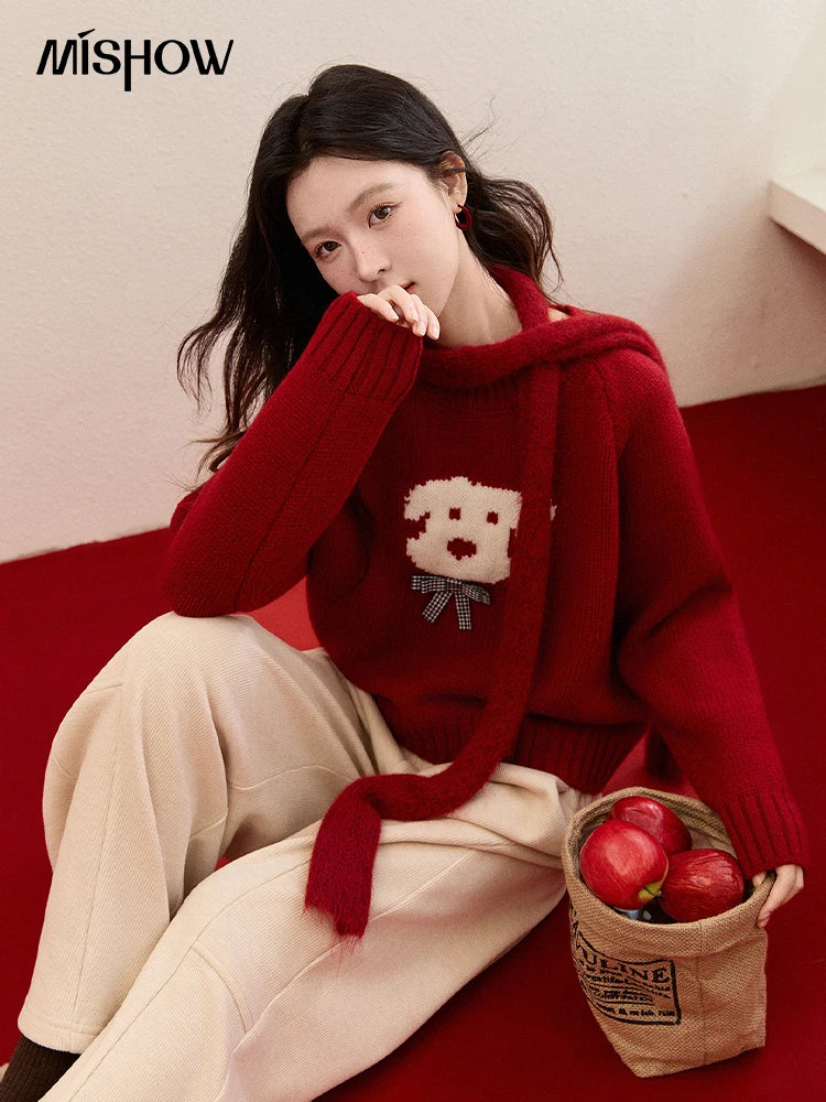MISHOW New Year Women's Puppy Jacquard Crew Neck Knit Sweater 2026 Spring Loose Casual Red Sweater Excluding Scarf MXE93Z2932