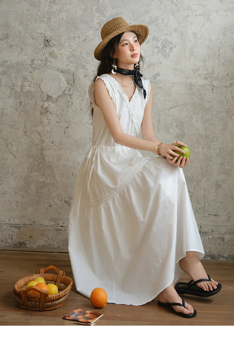 MISHOW Sleeveless Dress for Women Summer 2025 Drawstring Waist Simple Fashion Lace V-neck Dresses Female Clothing MXE37L2331