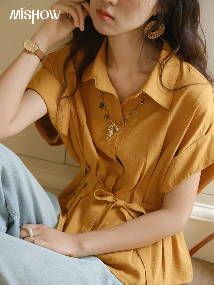 MISHOW Women's Casual Shirt 2025 Summer New Lace Up Button Turn-Down Collar Top Retro Orange Shirt Women's Clothing MXE37C0809