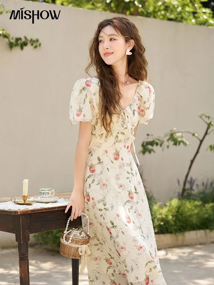 MISHOW Elegant Fairycore Floral Dresses for Women 2023 Summer French A-line Ruffles V-neck Puff Sleeve Sweet Dress MXC33L1465
