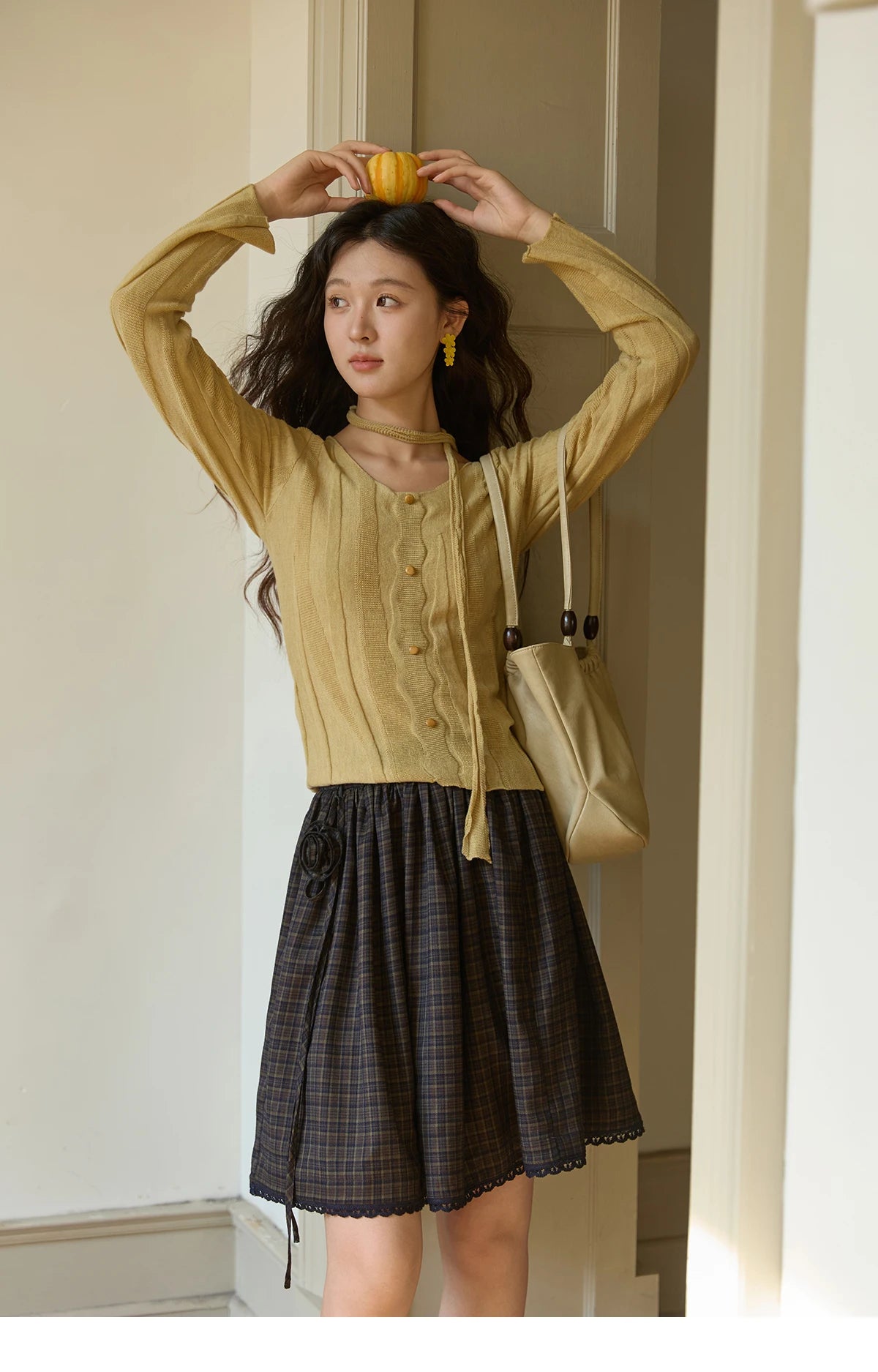 MISHOW Women's Wool Blend Knitted Top 2025 Autumn French Slim Scoop Neck with Draped Tie Soft Solid Pullover Top MXE42Z1322