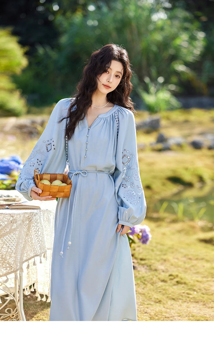 MISHOW French Hollow Lace Dress for Women 2025 Spring Vacation Slim Waist V-neck Dresses Loose Beach Fairy Dresses MXE12L2091