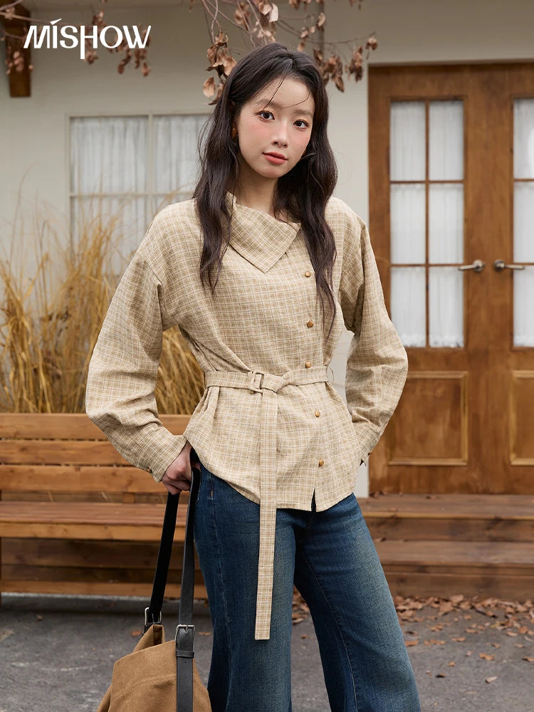 MISHOW Women Casual Shirt 2025 Autumn Winter Fashion Belt Design Asymmetrical Retro Long Sleeves Shirt Women Clothes MXE88C2417