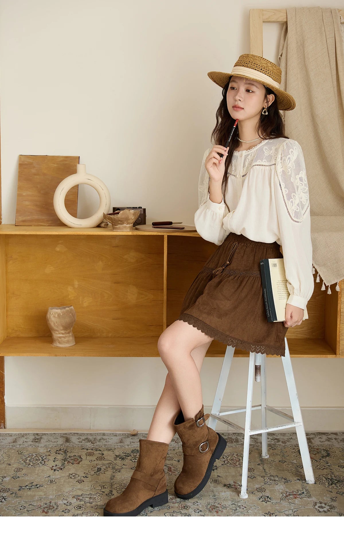 MISHOW Women's Beige Hollow Out Embroidery Shirt Autumn French Elegant Long Sleeve O-Neck Shirts Retro Commute Tops MXE44X2498