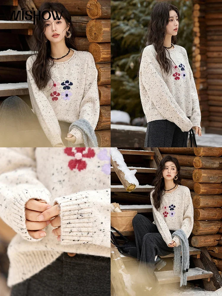 MISHOW Wool Blend Yarn Knitted Sweater Flower Color Dots Design 2024 Winter Women O-Neck Pullovers Lazy Sweaters MXD56Z1066