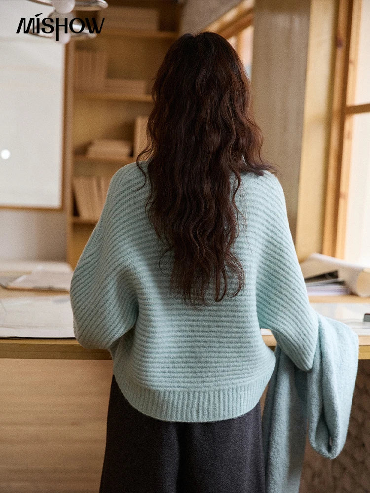 MISHOW Flower Jacquard Knit Cardigan Woman 2025 Winter Retro Luxury Loose Blue Stand-up Collar Outerwear Casual Top MXE86Z2665