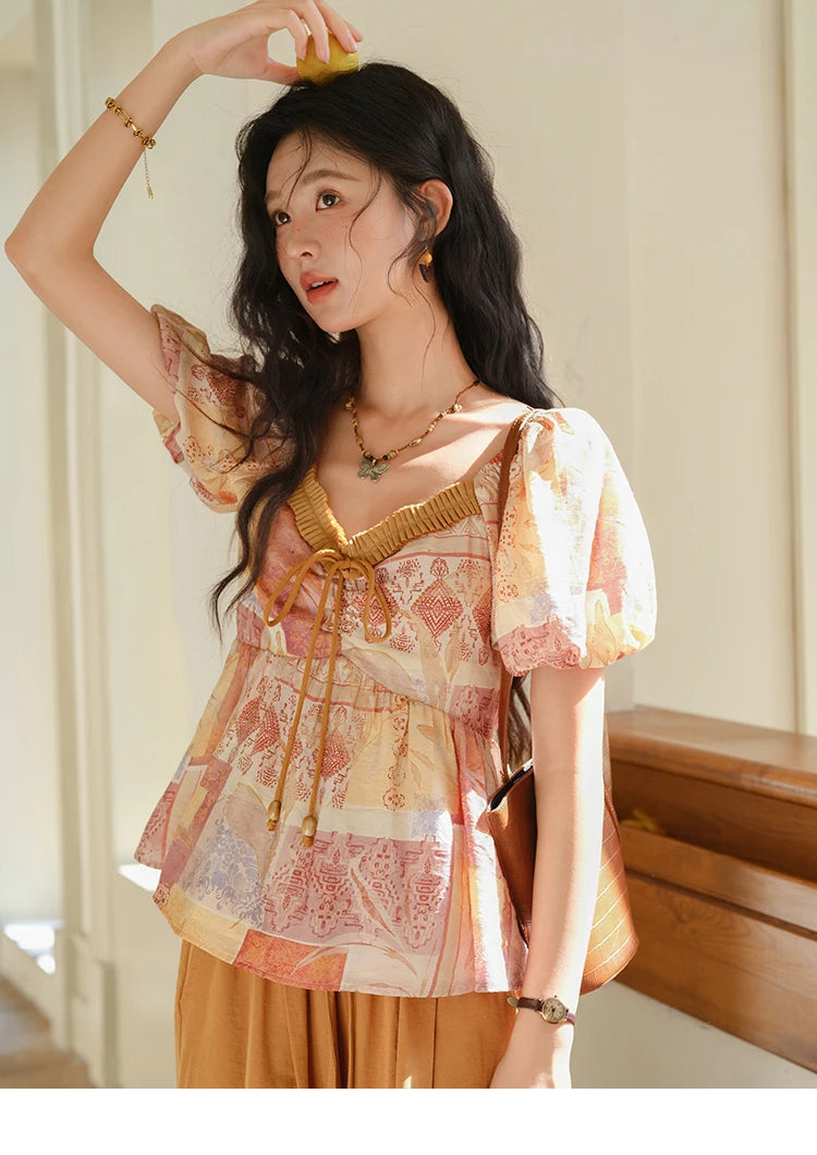 MISHOW V-neck Lace Up Patchwork Blouses for Woman 2025 Summer New Ladies Puff Sleeve Print Loose Top Female Clothing MXE38X1911