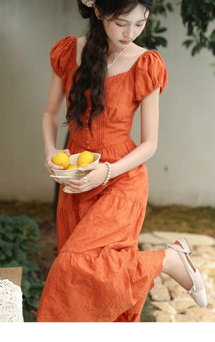 MISHOW 100 Cotton Orange Embroidered French Dress Women 2024 Summer V Neck Mid Length Dress Solid Loose A-line Dress MXD29L1931