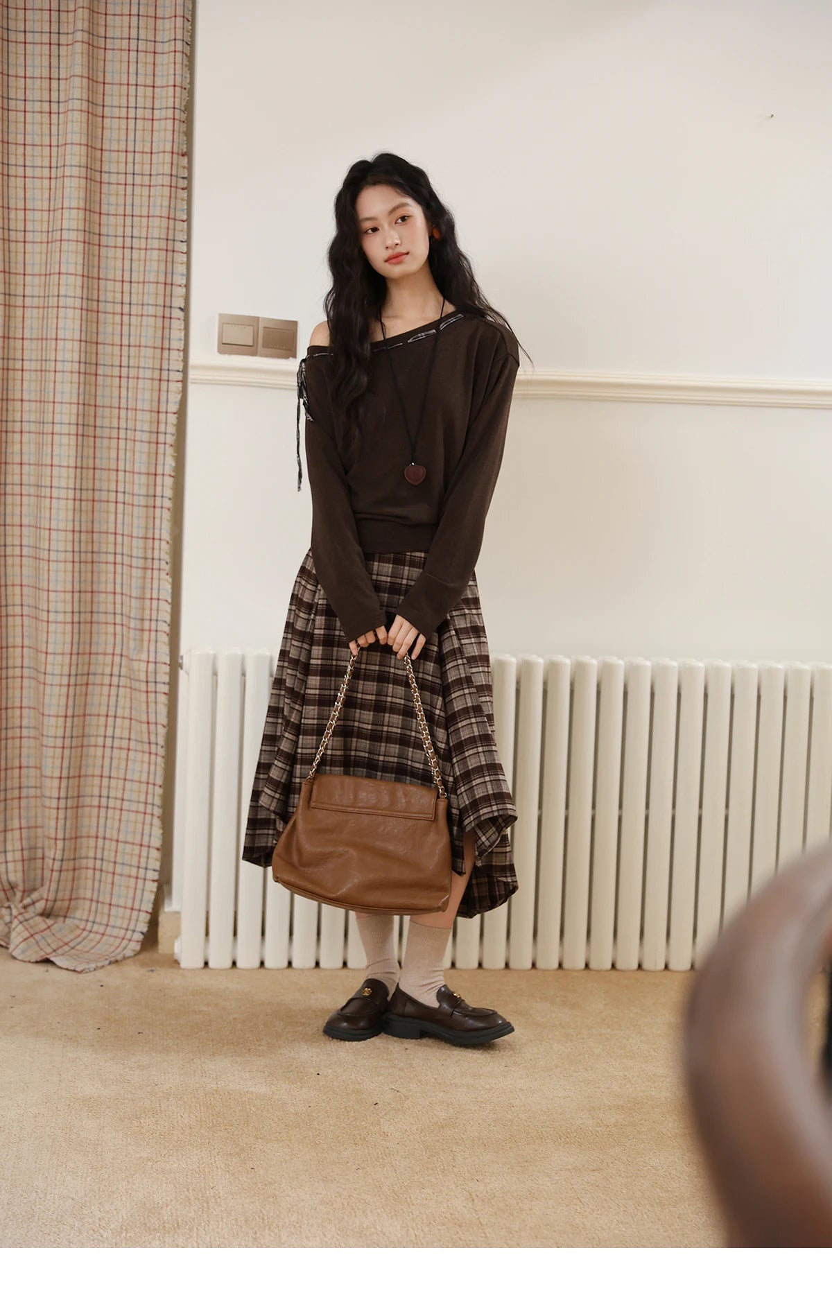 MISHOW Slant Shoulder Knitted Top for Women Autumn 2025 Drak Brown Plaid Strap Design Tops Casual Knitted Base Top MXE45T1402