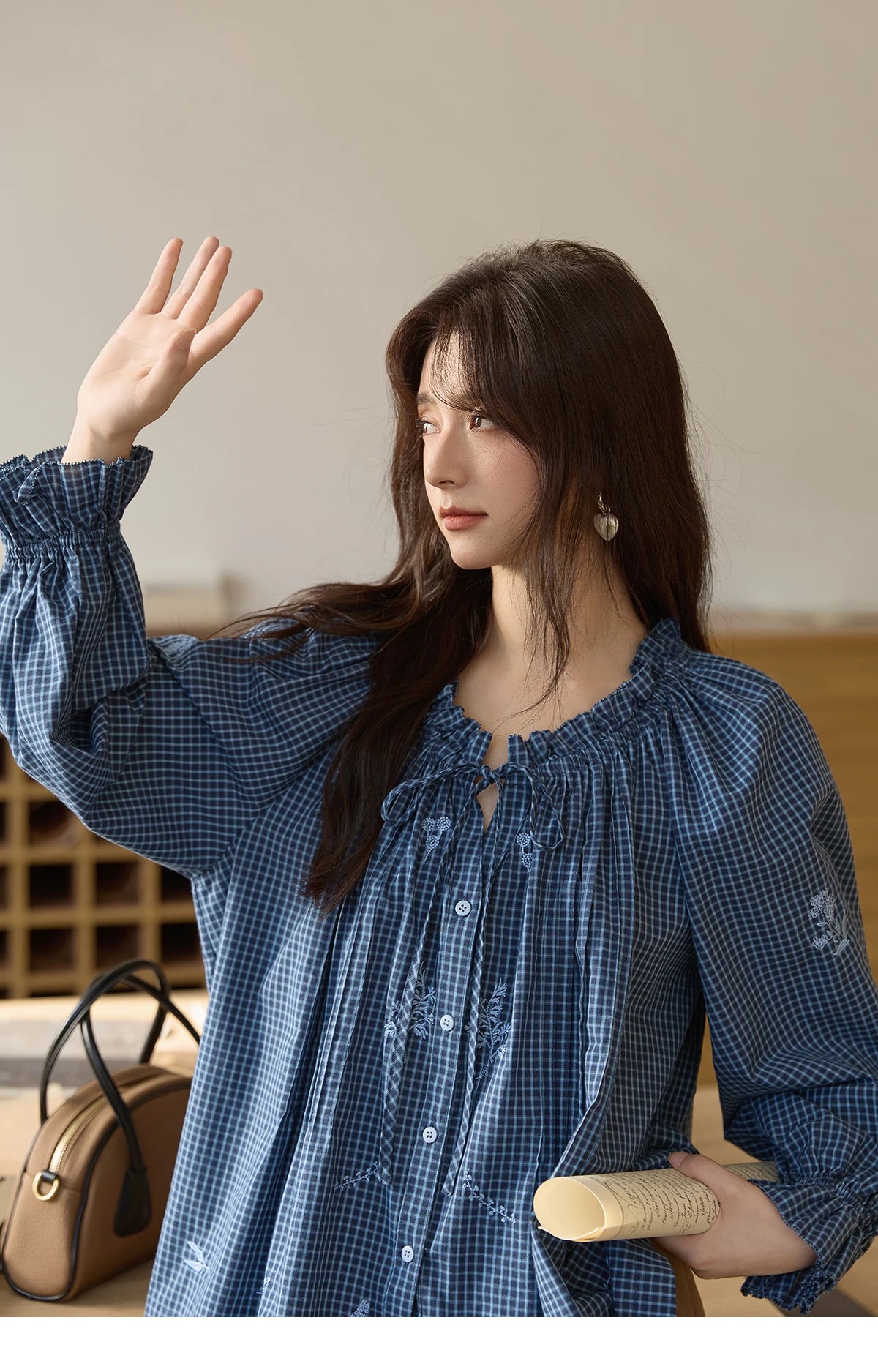 MISHOW Blue Plaid Embroidered Shirt Autumn 2025 Black Fungus Edge Collar Lace-up Doll Shirt 100cotton Loose Retro Top MXE44X2467