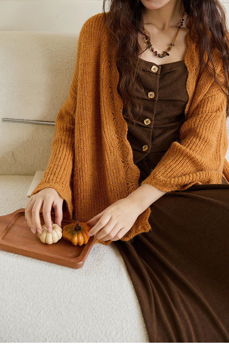 MISHOW Pumpkin Knitted Cardigan for Women Autumn 2025 Loose Wavy Edge Sweater Hollow Out Dropped Sleeves Cardigans MXE46Z2505