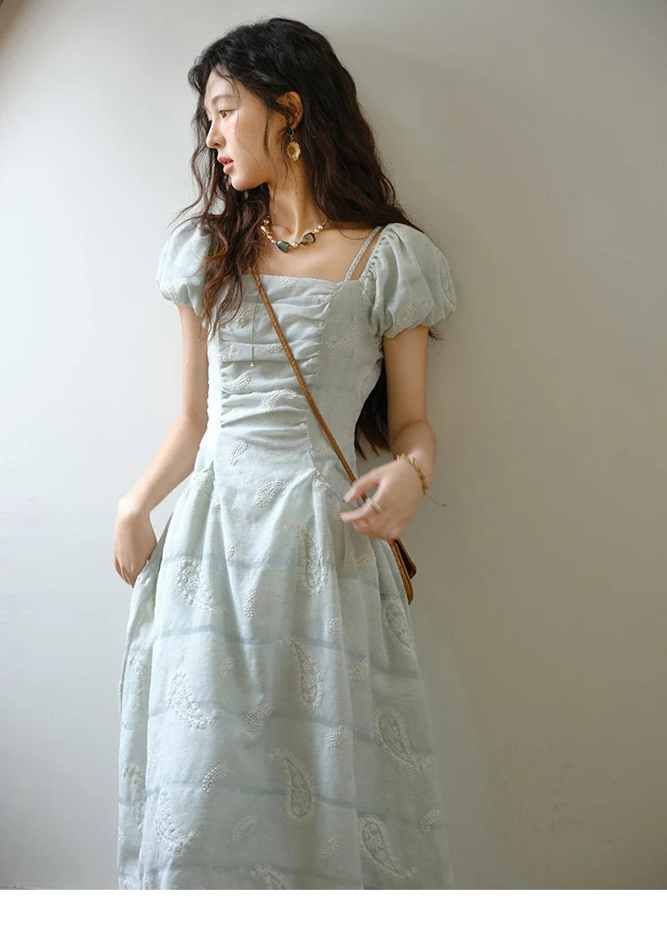 MISHOW Fashion Embroidery A-line Dress for Women 2025 Summer Puff Sleeve Square Neck Vacation Dresses Female Clothing MXE34L2265