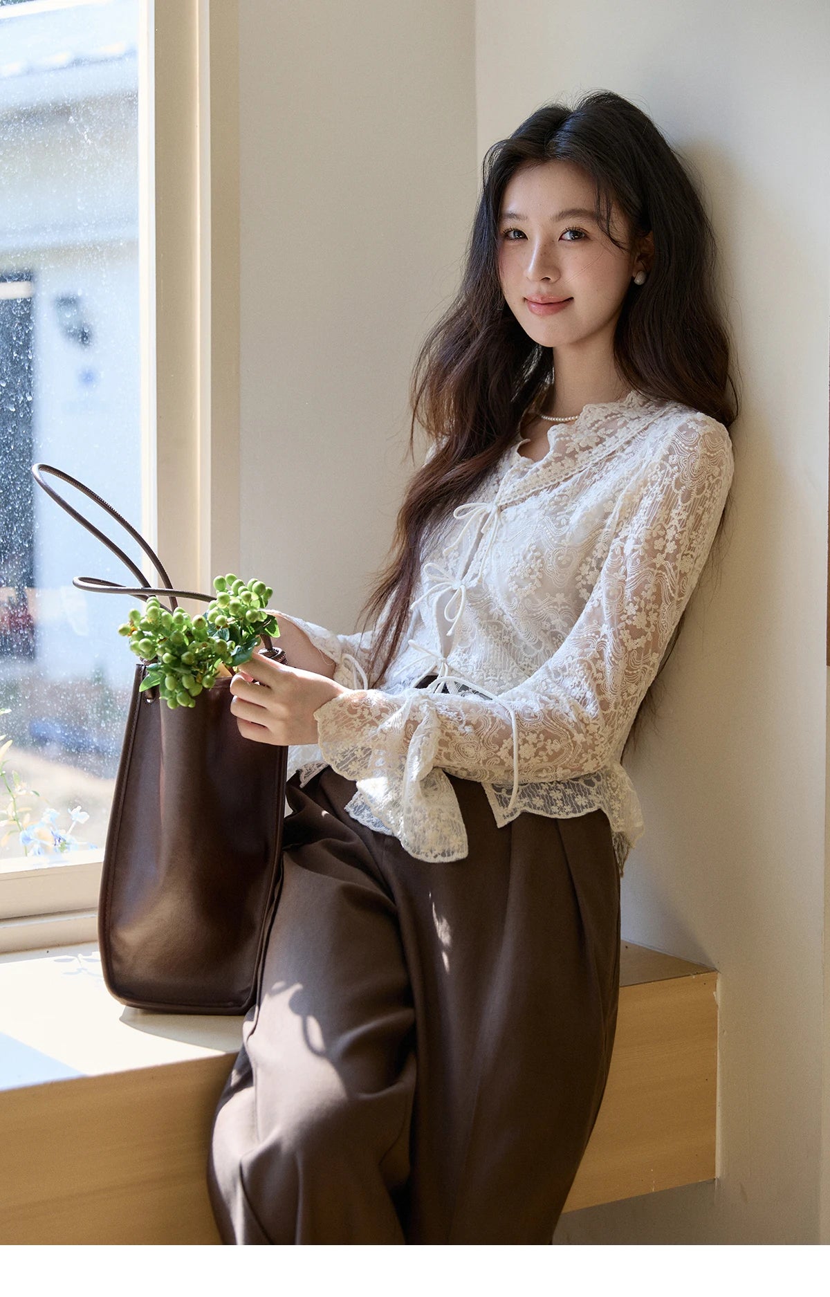 MISHOW Women's Sweet Lace Top Camisole Set Spring Tie Front Flare Sleeve Sheer Casual Elegant Two-Piece Knitwear MXF108X1001