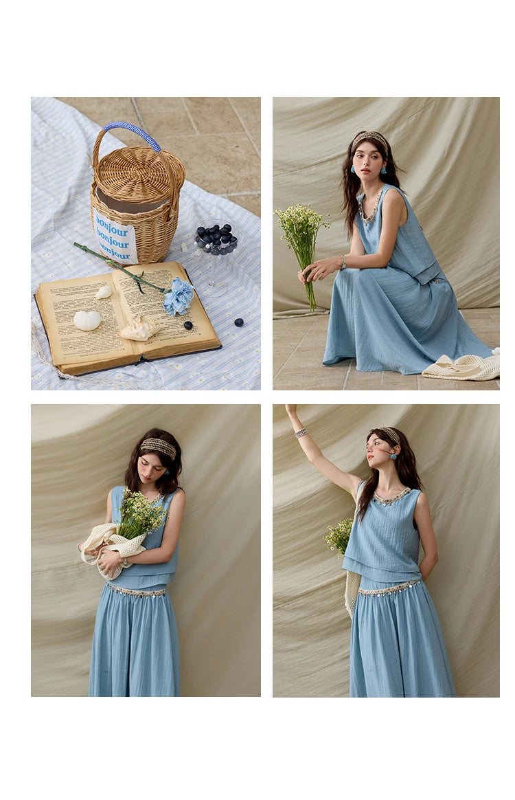 MISHOW Office Lady Summer Vest Skirt Sets Women 2025 Sheel Ribbon Solid Round Neck Tops Loose High Waist Skirt Female MXE32T0556