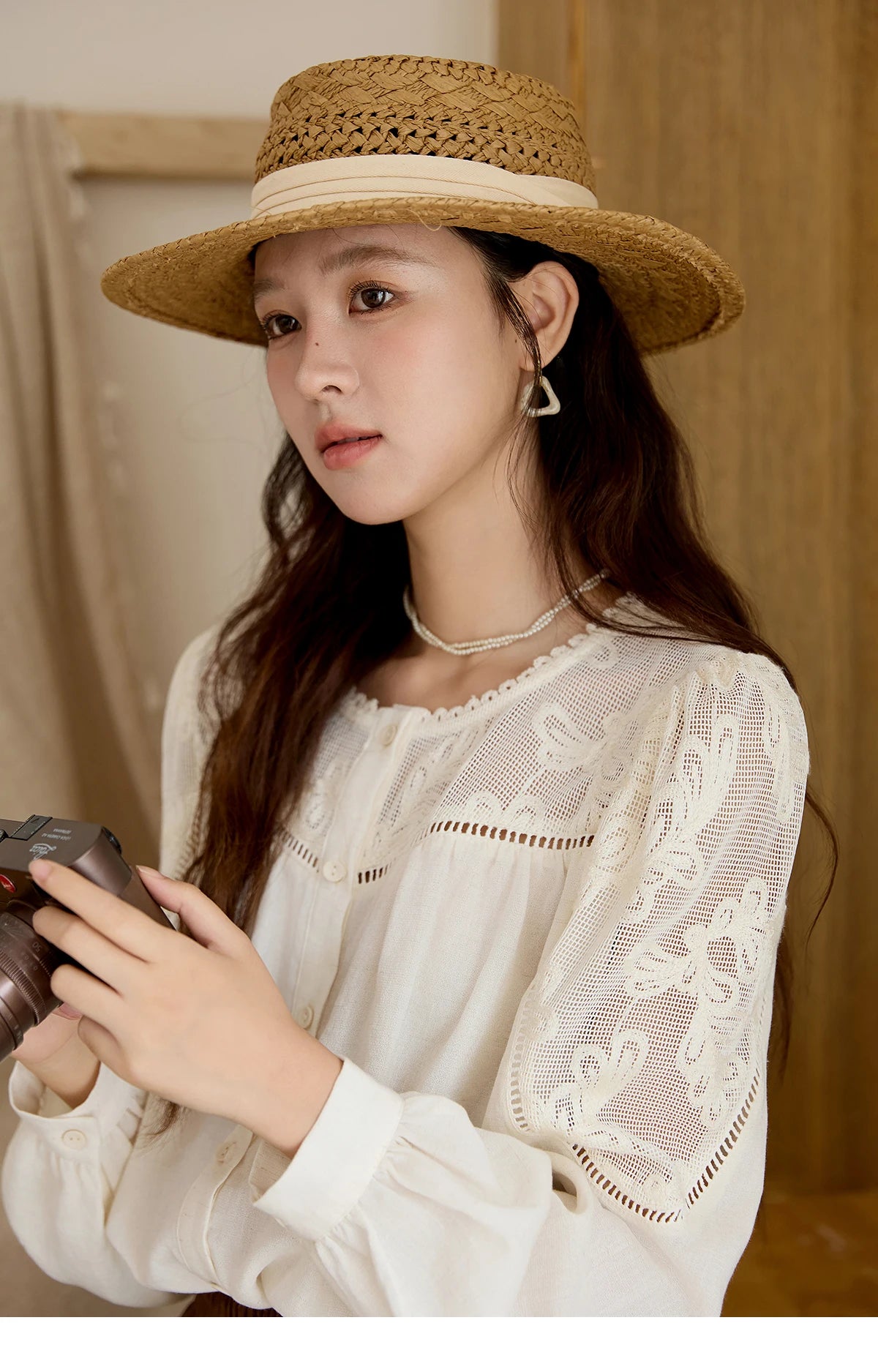 MISHOW Women's Beige Hollow Out Embroidery Shirt Autumn French Elegant Long Sleeve O-Neck Shirts Retro Commute Tops MXE44X2498