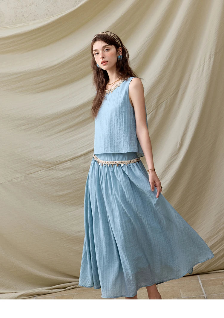 MISHOW Office Lady Summer Vest Skirt Sets Women 2025 Sheel Ribbon Solid Round Neck Tops Loose High Waist Skirt Female MXE32T0556