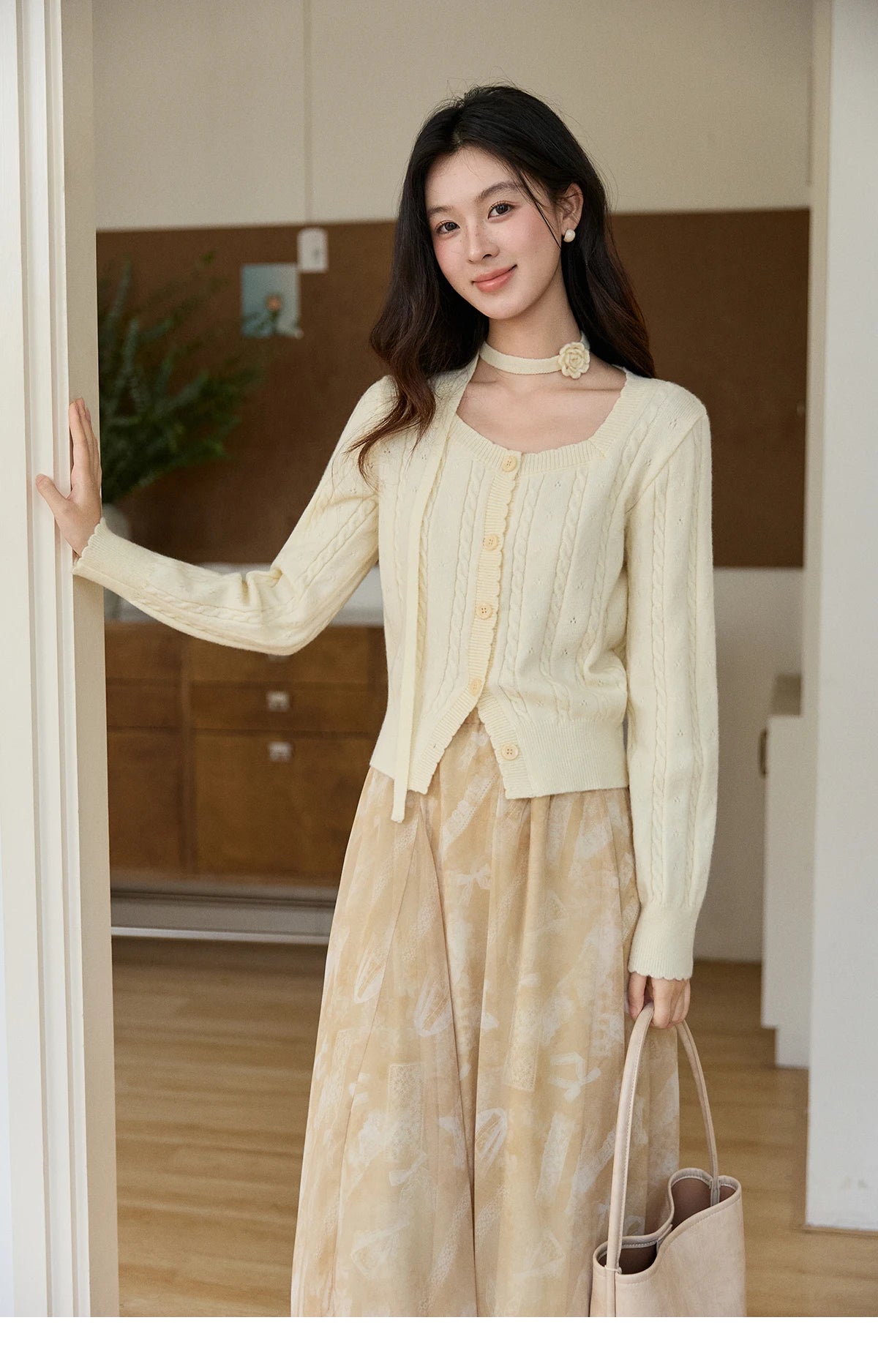 MISHOW Women's Beige Cable Knit Cardigan 2026 Spring Square Neck Long Sleeve Slim Casual Knitwear with Flower Ribbon MXF11Z2903