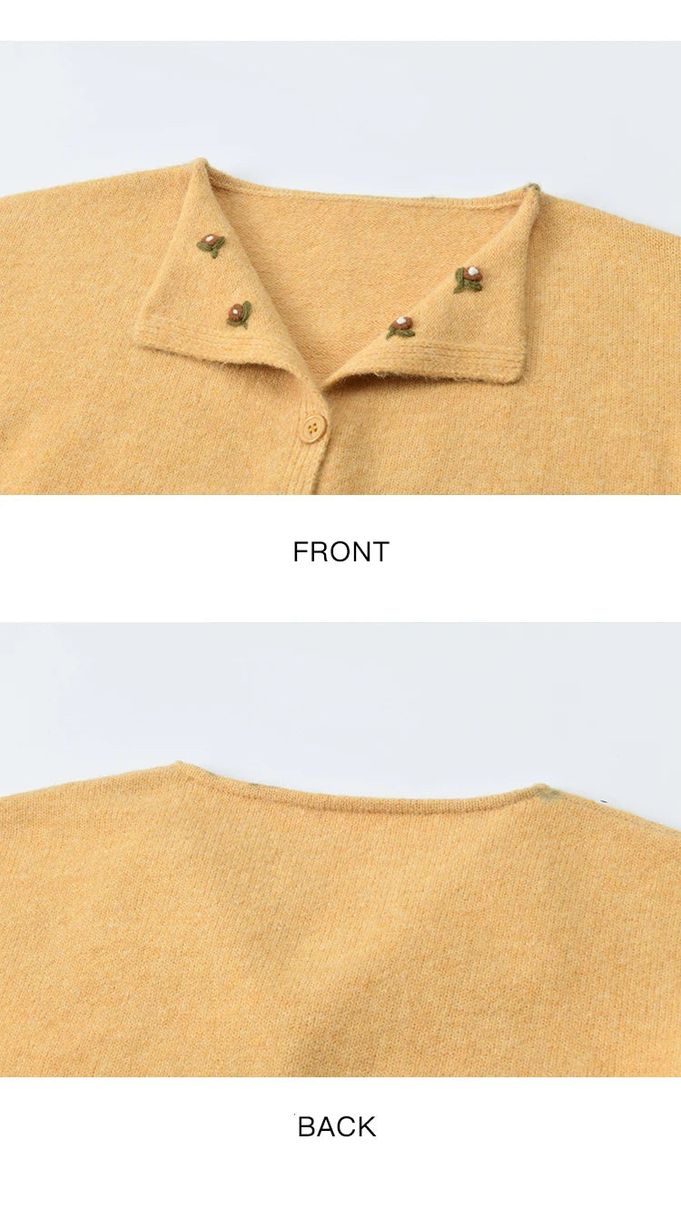 MISHOW Women's Autumn Cardigan 2025 Retro Yellow Handmade Flower Cardigan Turn-down Collar Knitted Commute Cardigan MXE47Z2591
