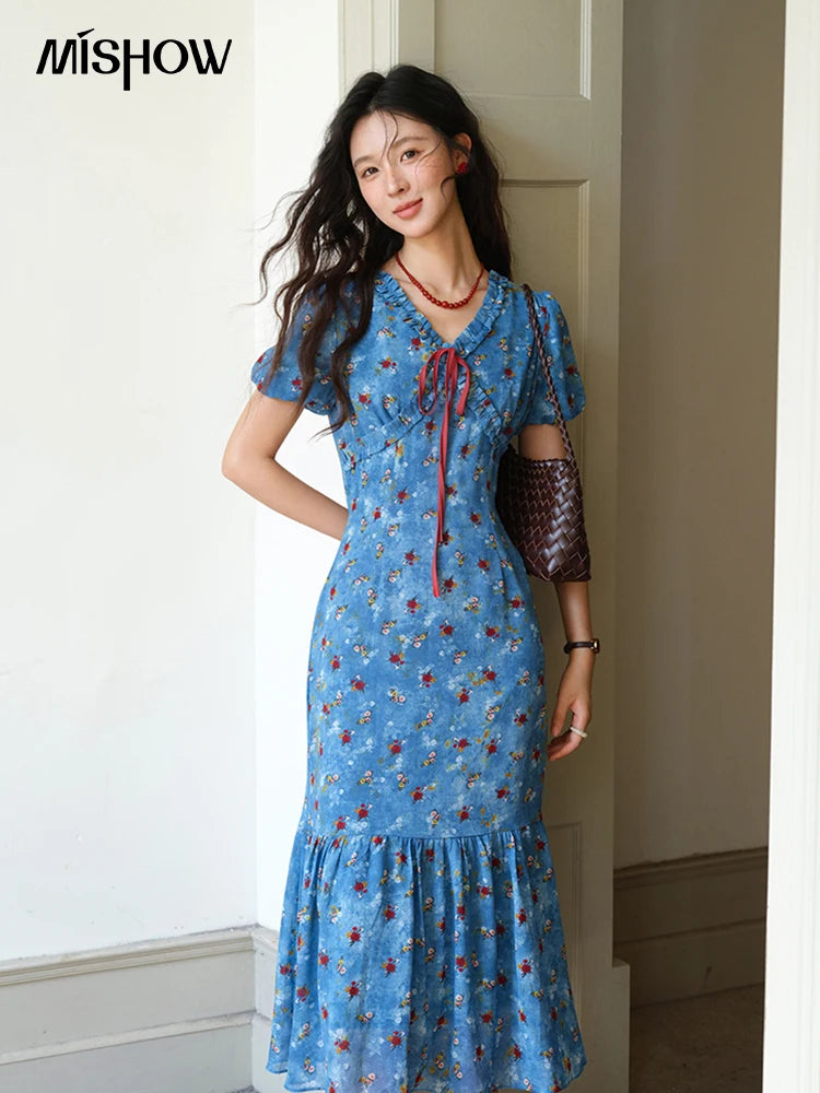 MISHOW Women's V-neck Lace Up Dress 2025 Summer New Female Fashion Puff Sleeve Chiffon Print Dresses Ladies Clothing MXE39L2401
