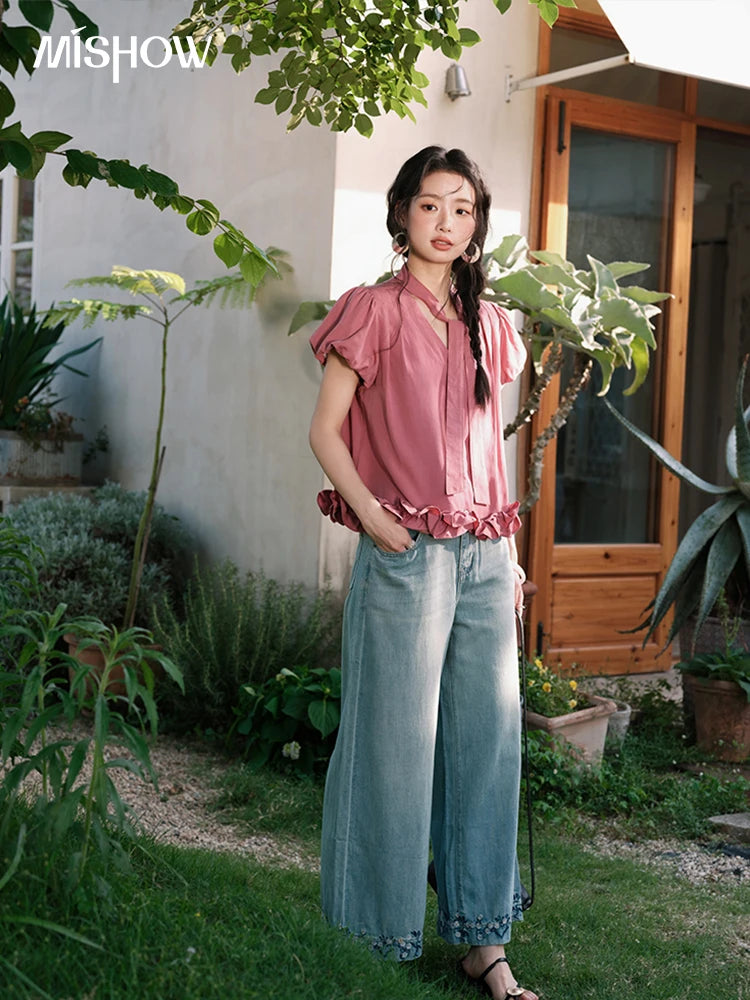 MISHOW Women's Summer V-neck Blouse 2025 New Fashion Puff Sleeve Lace Up Button Sweet Top Casual Female Clothing MXE38X1914