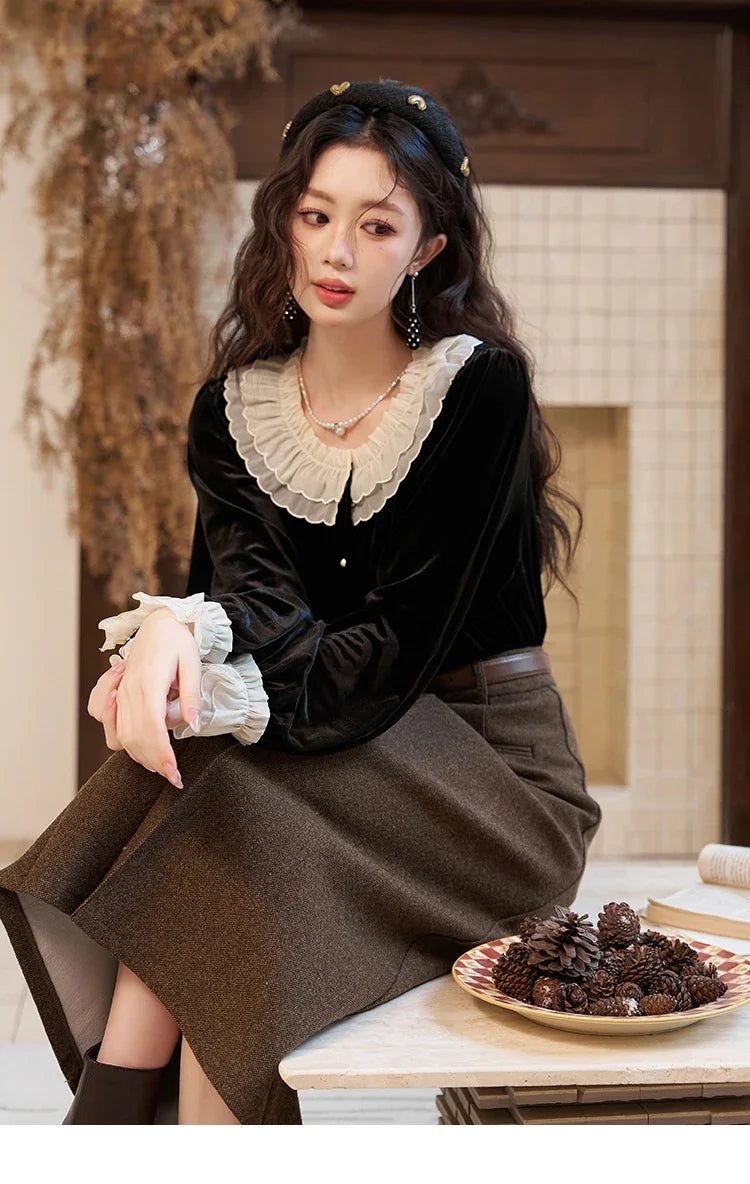 MISHOW French Retro Velvet Blouses for Women 2025 Autumn Winter Button Down O Neck Korean Long Sleeve Shirt Tops MXC51X1323