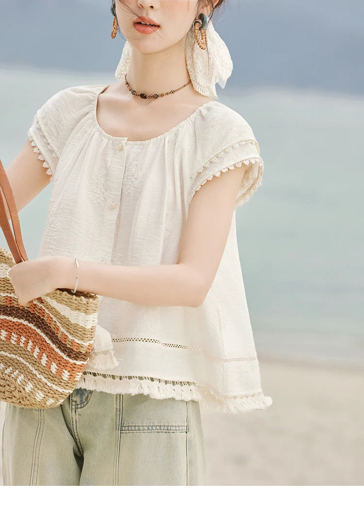 MISHOW Embroidered French Shirt Women Summer 2025 Short Sleeve Round Neck Solid Blouses Female Fashion New Tops Lady MXE33X1744