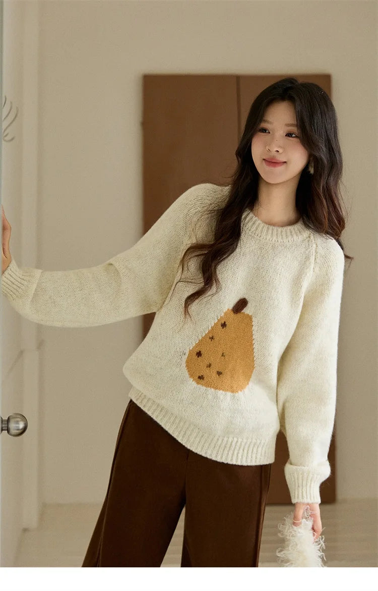 MISHOW Pear Pattern Jacquard Knitted Sweater Autumn Winter Crew Neck Loose Sweaters Wool Blend Warm Pullover Tops MXE94Z2959