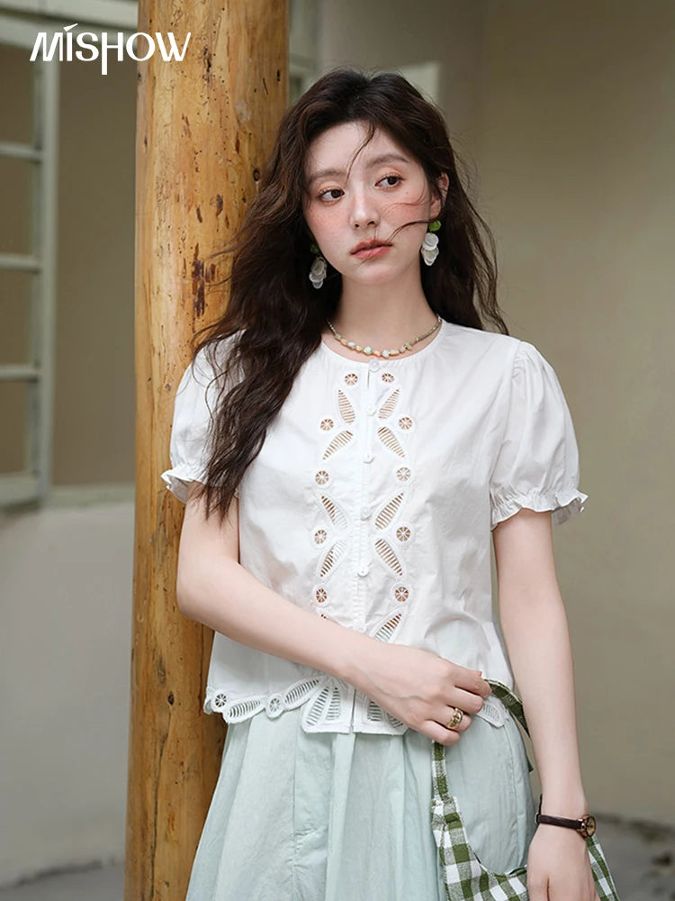 MISHOW 100%Cotton Hollow Embroidery Round Neck Shirt for Women 2025 Summer Puff Sleeve Casual Top Women's Clothing MXE39X1938