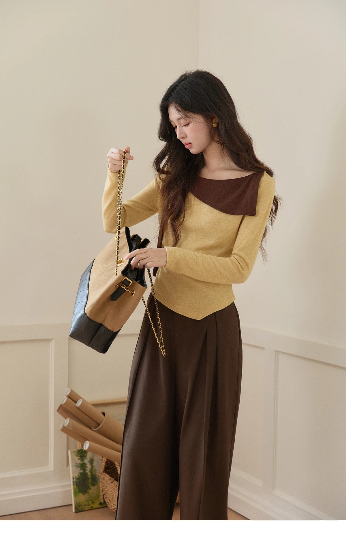 MISHOW Women's Yellow Brown Irregular Top 2026 Spring Contrast Color Oblique Collar Long Sleeve Casual Knitted Tops MXF11Z2911