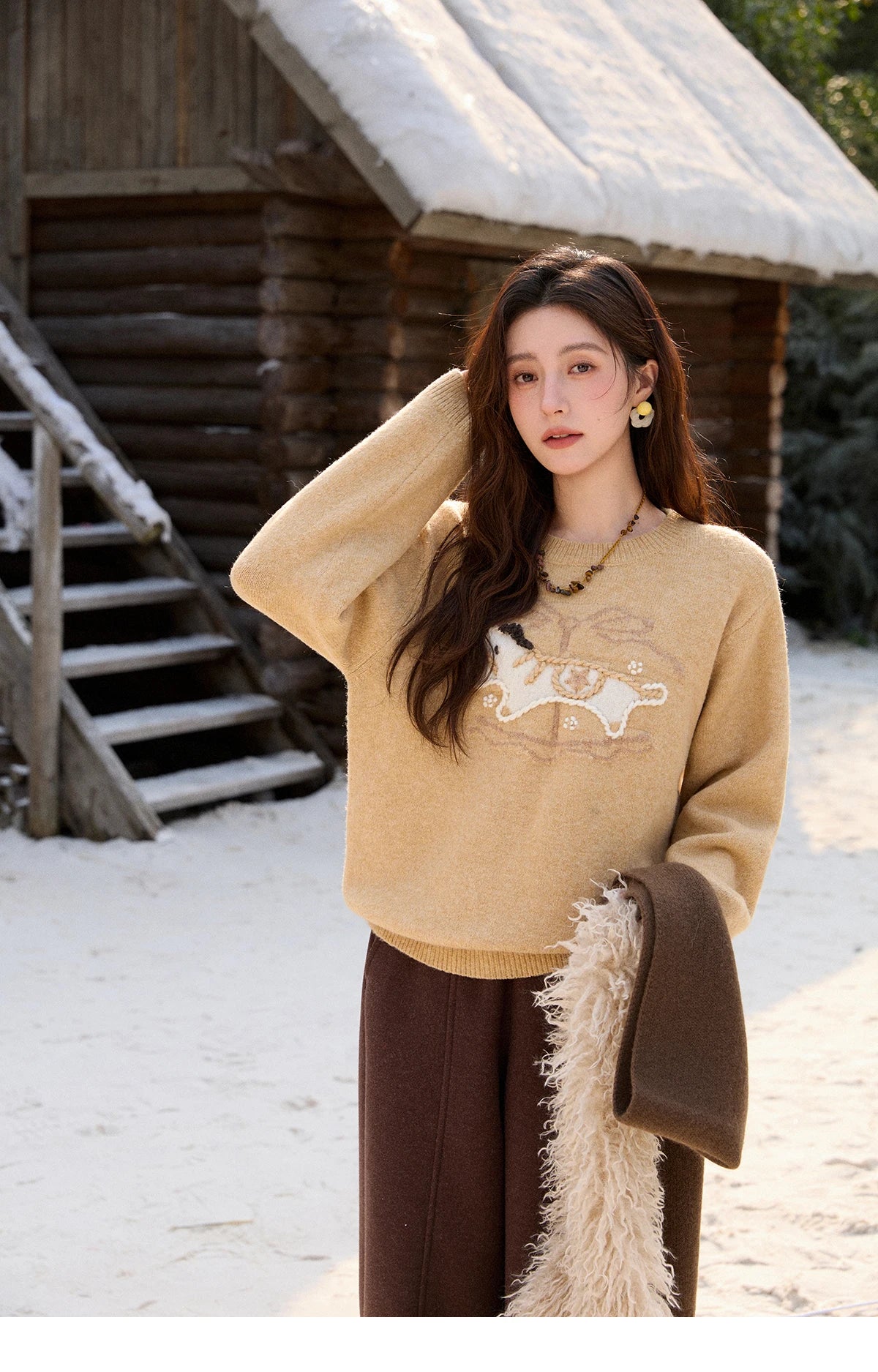 MISHOW Handmade Embroidered Jacquard Sweater for Women in Autumn Winter 2025 Thick Pony Knitted Pullover Sweaters MXE92Z2848