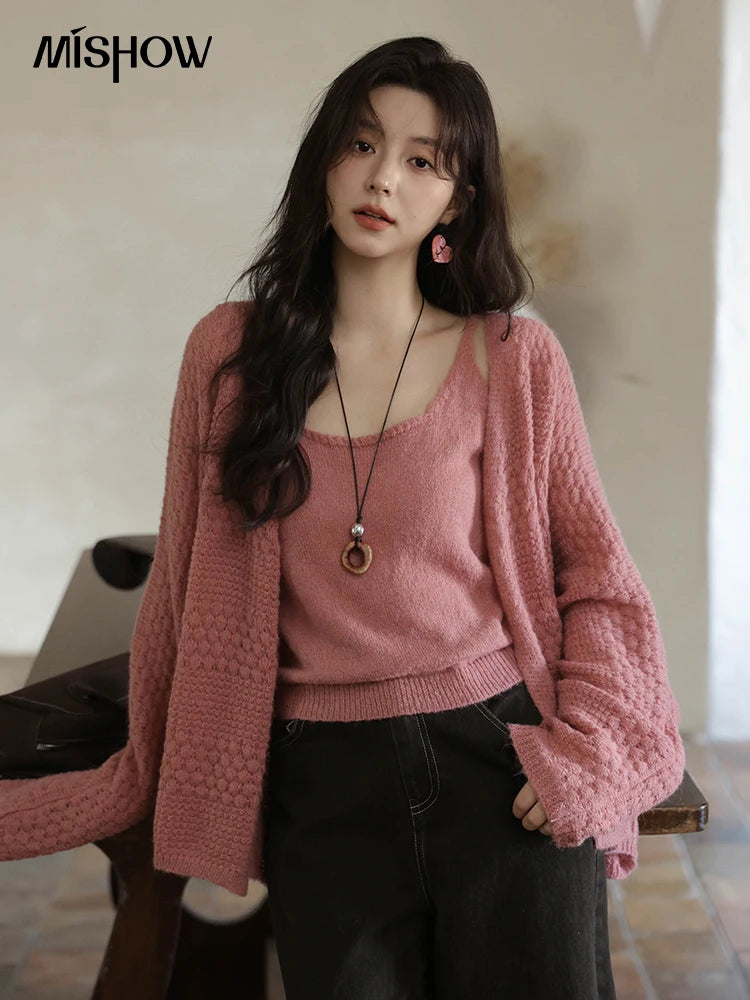 MISHOW Women's Pink Knit Two-Piece Set 2025 Autumn Sweet Long Sleeves Cardigan with Vest Casual Women's Clothes Set MXE44T0737