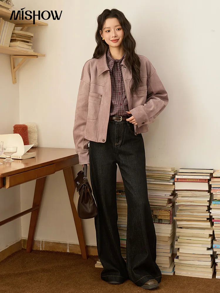 MISMHOW Taro Purple Leather Jacket Autumn 2025 Contrasting Splic Short Jackets Symmetrical Double-layer Pocket Coat MXE44W0816