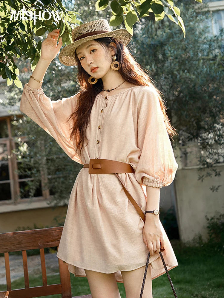 MISHOW French Retro Midi Length Sleeves Dress Summer O-neck Single Breasted Dresses Casual Tea Break Dress with Belt MXE39L2409