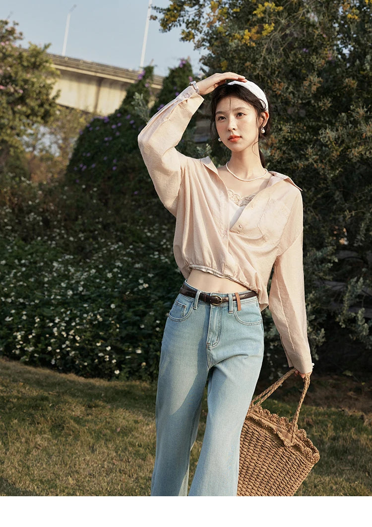 MISHOW Casual Spring Shirt Women New 2025 Long Sleeve Turn-down Collar Fake Two-piece Blouses Lady Fashion Loose Tops MXE16C0777