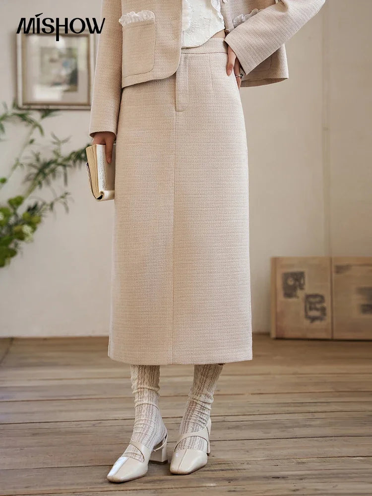 MISHOW French Fragrant Coat Solid Skirt Separately 2025 Spring Collar Pocket Splicing Lace Top Hem Split Back Skirt MXD12W0274