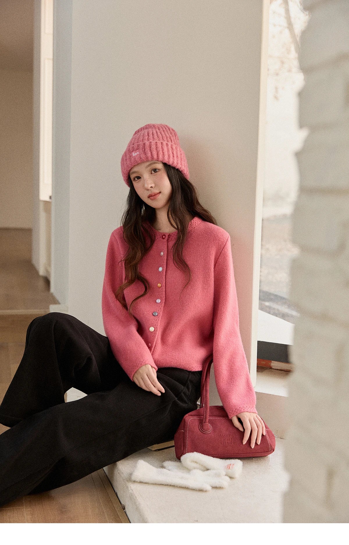 MISHOW Women's Cardigan 2025 Slim Fit Hollow Out Round Neck Rainbow Button Sweater French Style Solid Warm Knitwear MXE90Z2796