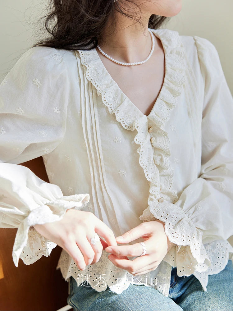 MISHOW Spring New French Shirts for Woman 2025 Long Sleeve V-neck Solid Loose Blouses Women Fashion Versatile Tops MXE14X1732