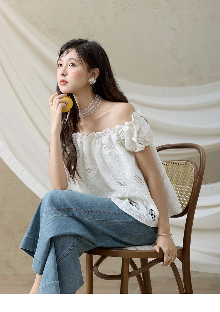 MISHOW French Summer Shirts Women New 2025 Slash Neck Short Sleeve Solid Lace Blouses Female Fashion Slim Tops Lady MXE35X1775