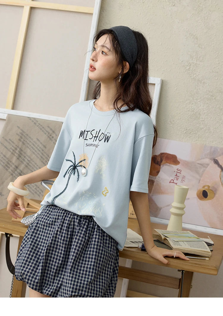 MISHOW Casual Print T-shirts Women 2025 Summer New Short Sleeve Round Neck Coconut Tree Pattern Shirt Woman Holiday MXE31T0516