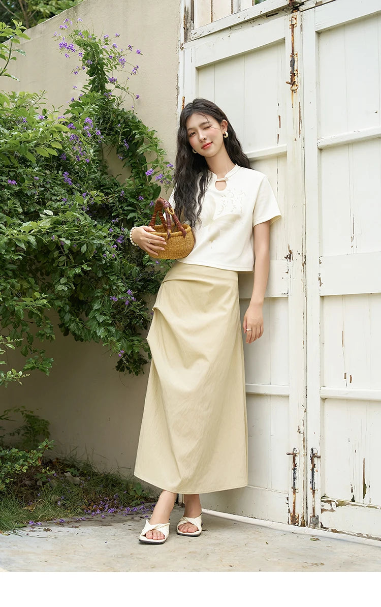 MISHOW Chinese Stand Collar Top Pleated Skirt Separately 2024 Summer Short Ink Painting Printed T-shirt A-line Skirt MXD27T0272