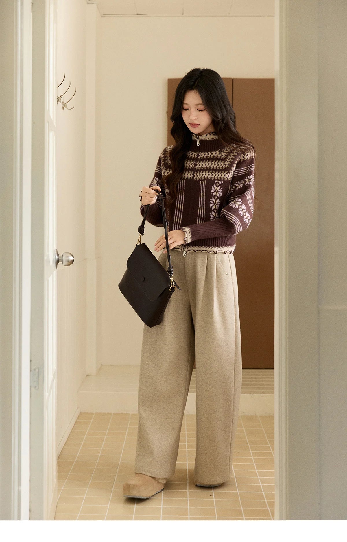 MISHOW Women's Brown Knitted Fair Isle Sweater Vintage Jacquard Lantern Sleeves Zipper Top Ruffled Trim Warm Sweaters MXE91Z2868