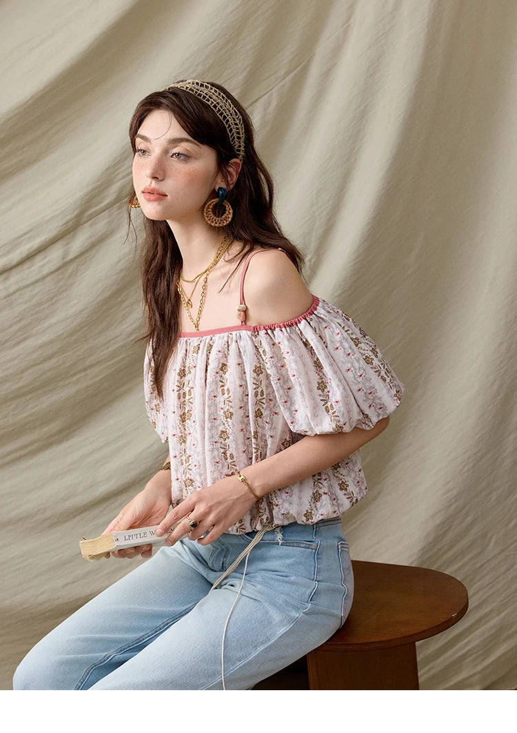 MISHOW French Summer Blouses Women New 2025 One-shoulder Floral Short Sleeve Contrast Color Shirts Woman Fashion MXE31X1767