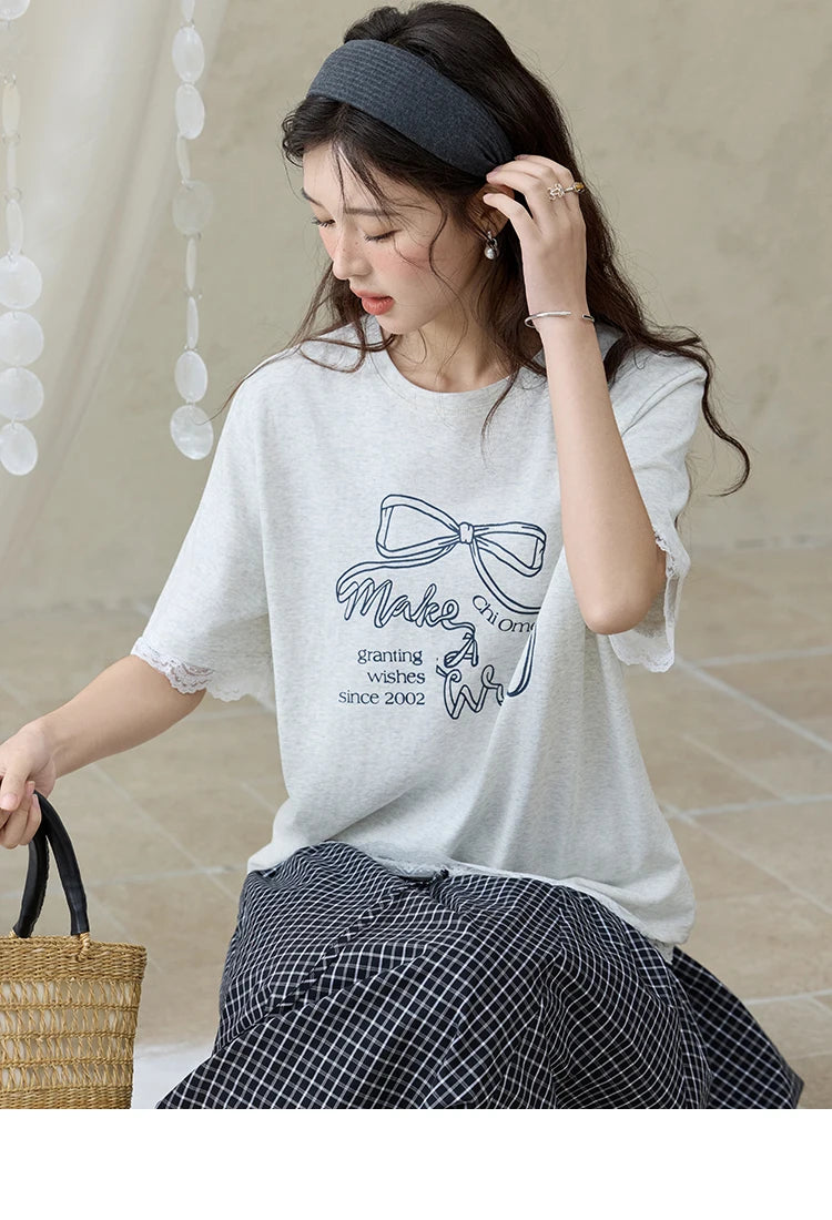 Mishow Print Lace Bow Detail Tee MXE32T0554