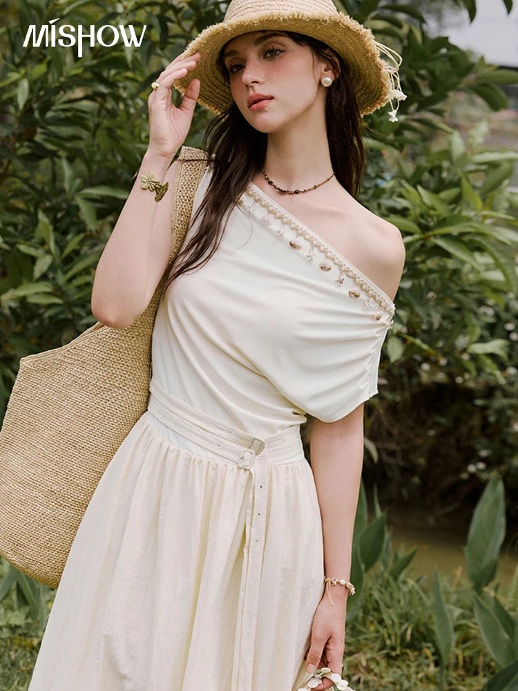 MISHOW Holiday Summer Dresses Women 2025 New Short Sleeve Shell Webbing Oblique Collar Slim Midi Dress Female Fashion MXE31L2189