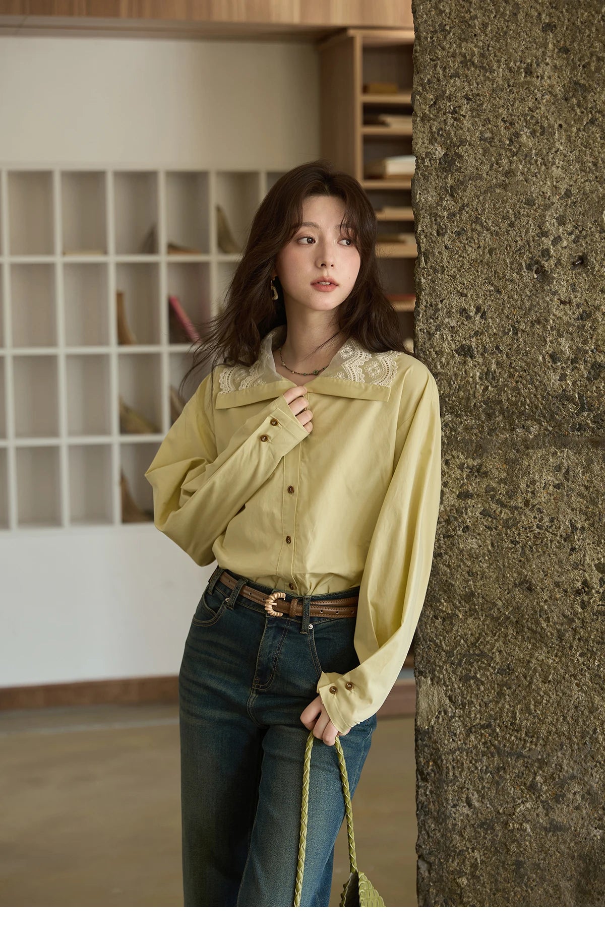 MISHOW Autumn Solid Cotton Shirt Autumn V-neck Double-layer Lace Retro Design Shirts Single Breasted Tops Office Lady MXE41C2366