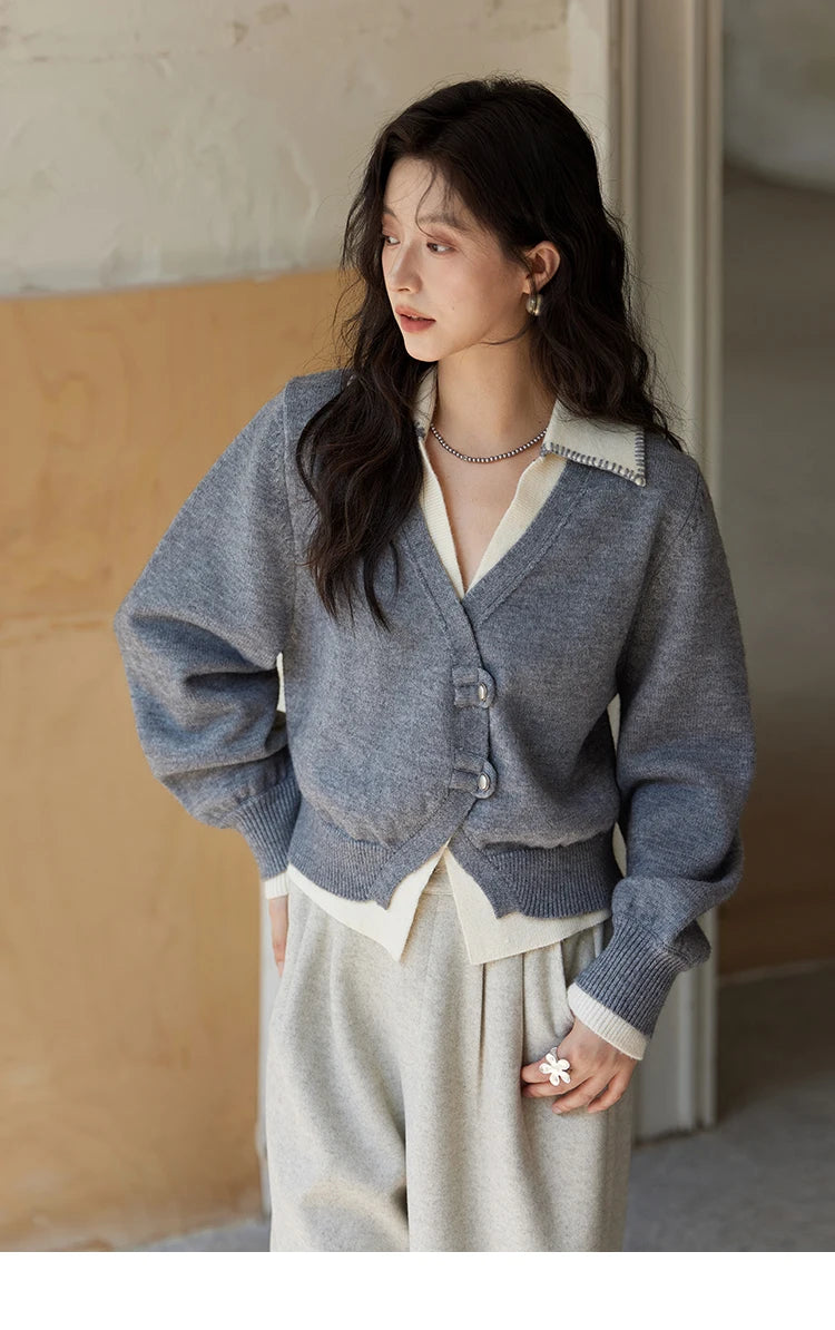 MISHOW Fake Two-piece Sweater Women Fashion Splicing Lapel Knitwear 2024 fall winter New Design Retro V-neck Cardigan MXD41Z0712