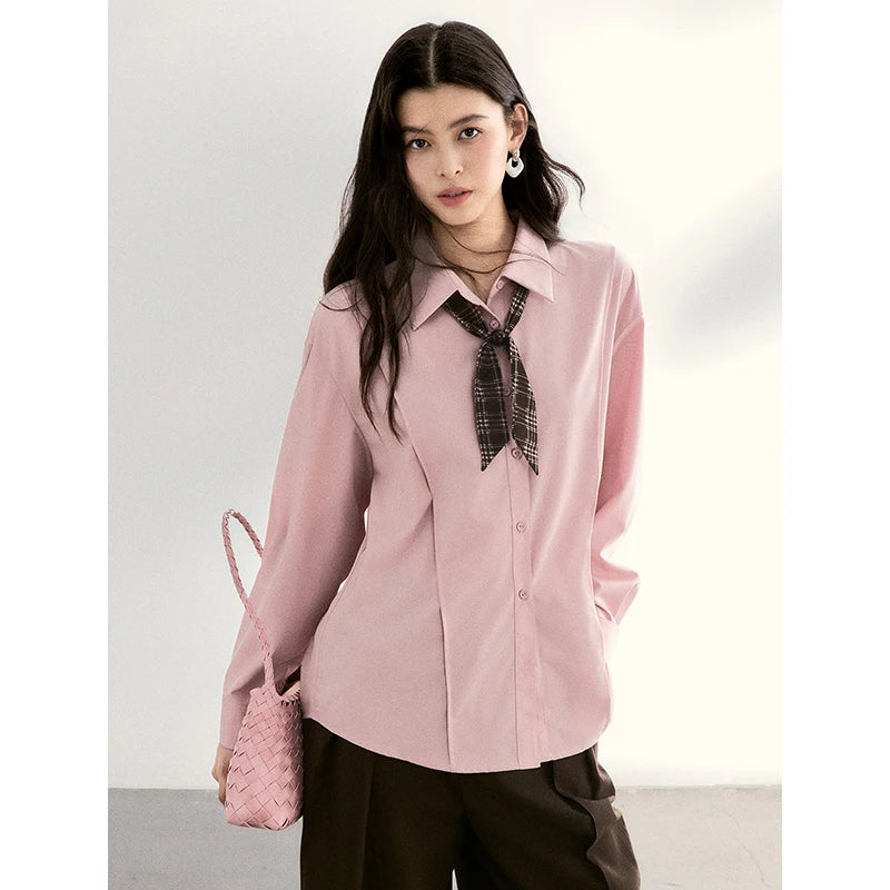 MISHOW Women's Casual Loose Shirt with Plaid Scarf 2026 Spring Lapel Tops Versatile Long Sleeve Shirts Office Lady MXF108C0815