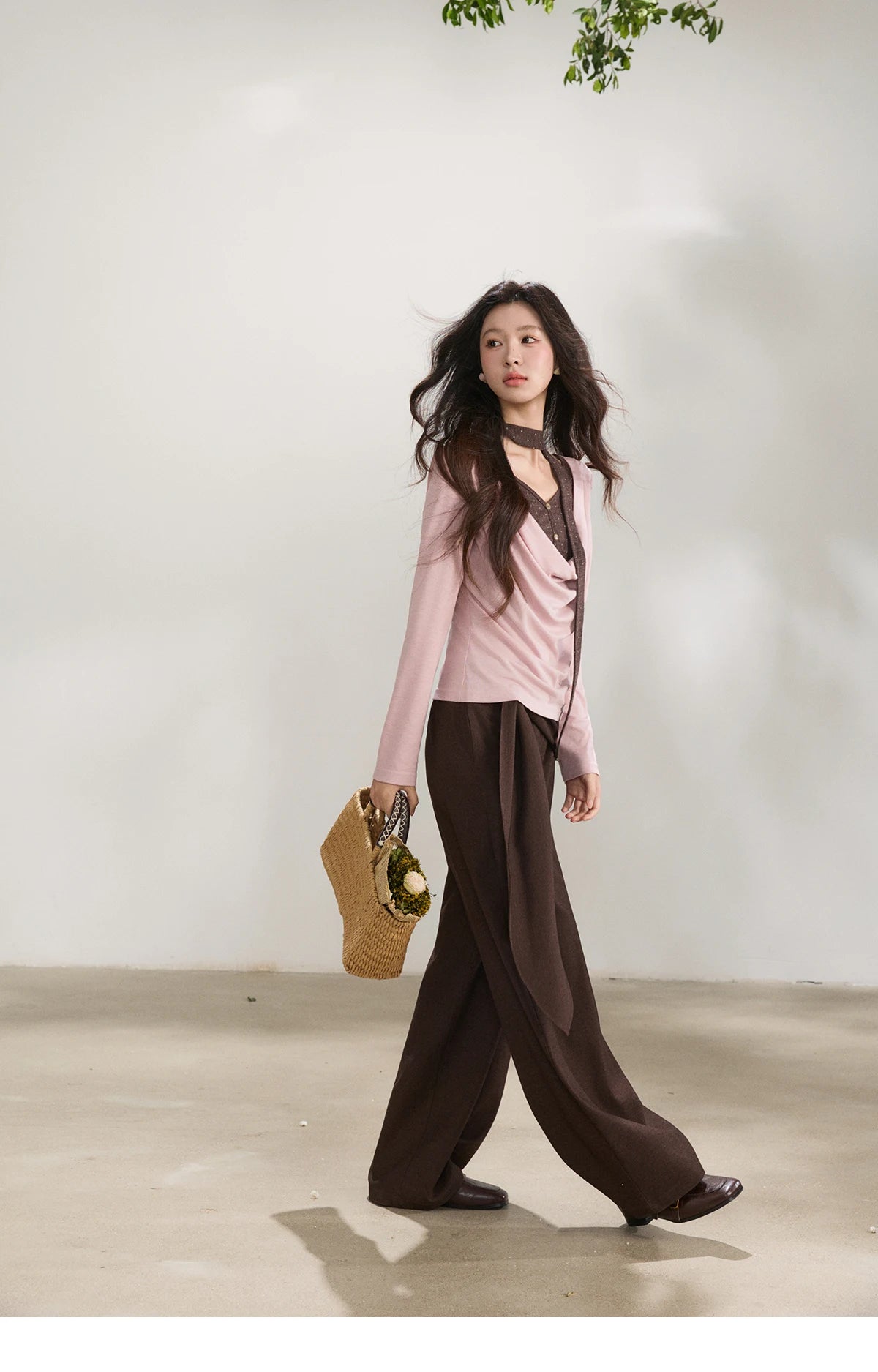 MISHOW Women's Wool Blend Fake Two Piece Draped Neck Knit Top 2026 Spring Wave Point Ribbon Contrast Color Casual Top MXF13Z2977