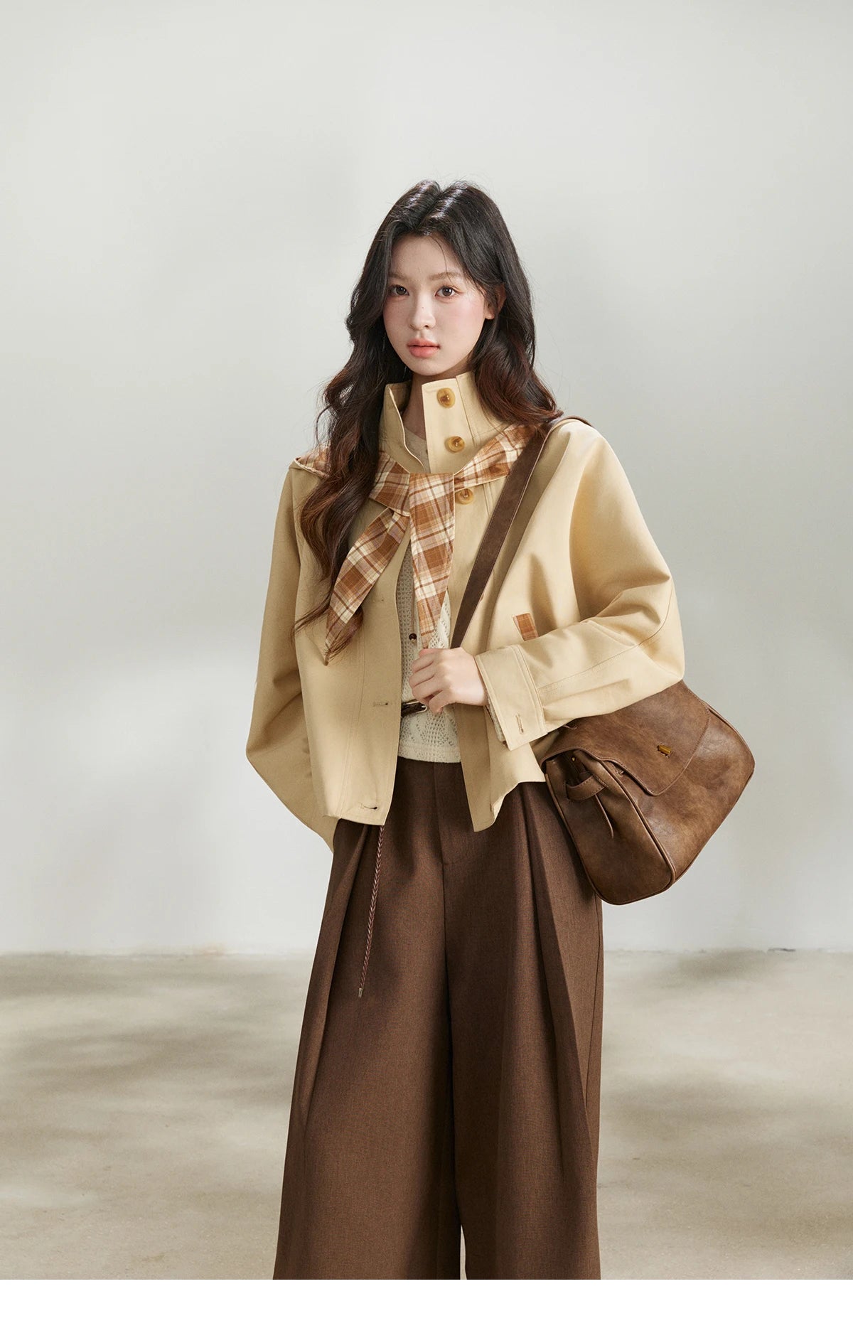 MISHOW Women's Khaki Cropped Trench Coat Spring Lapel Stand Collar Coats Removable Plaid Cap Casual Loose Jacket MXF108W1003